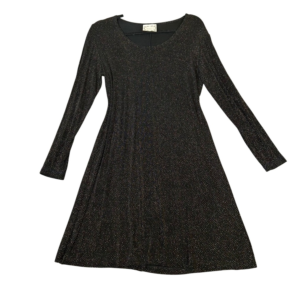 VTG 90s Dressing Clio Black Gold Metallic Sparkle Long Sleeve Skater Dress M